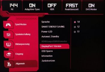 … und DisplayPort-Version sowie Zurücksetzen aller Einstellungen 