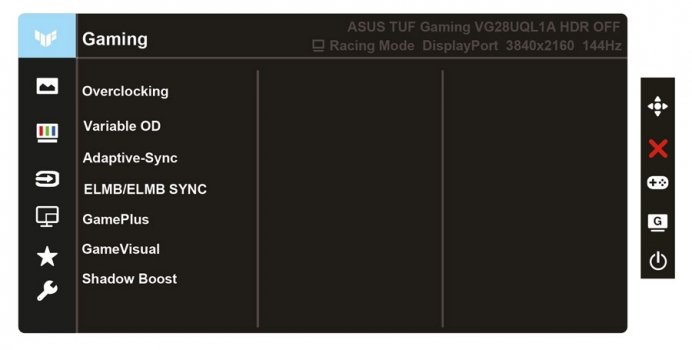 Hauptmenü (OSD) des ASUS VG28UQL1A