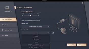 ProArt-Calibration-Software: Auswahl Messgerät (hier: X-Rite i1Display Pro (Plus) mit monitorspezifischer Charakterisierung)