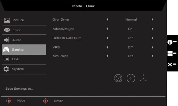 OSD: Einstellungsebenen „Gaming“ (Screenshot: Acer-Handbuch)