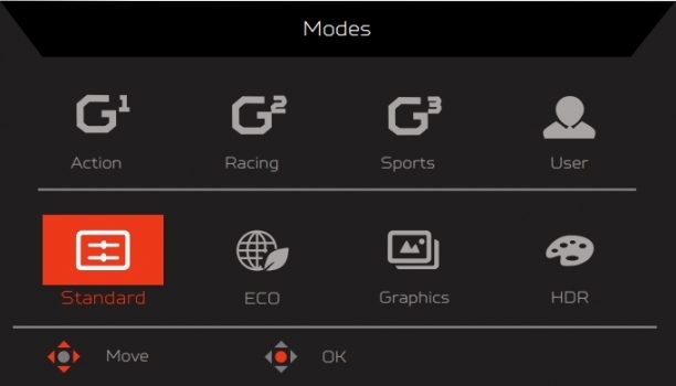 OSD: Drei Modi lassen sich frei konfigurieren und unter G1, G2 und G3 abspeichern (Screenshot: Acer-Handbuch)