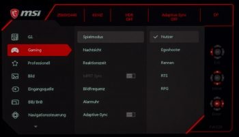 OSD-Einstellungsebene „Gaming“