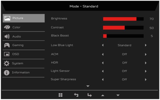 Hauptmenü (OSD) des Acer XB323QKNV (Screenshot: Acer-Handbuch)
