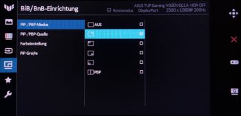 OSD: Einstellungsmenü für Bild in Bild und Bild neben Bild