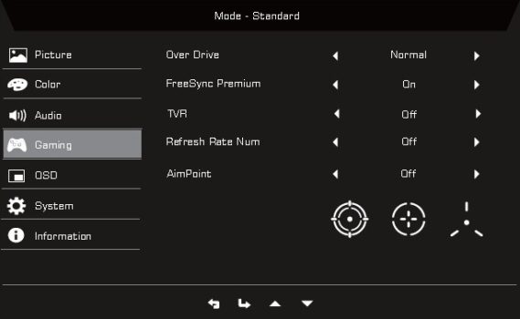 Gaming-Einstellungen im OSD des AOpen 43XV1CP