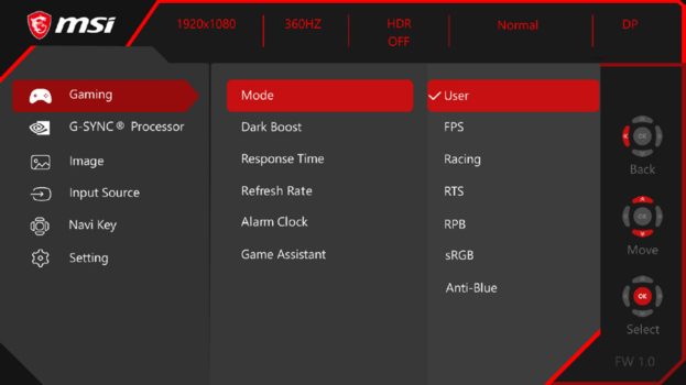 Hauptmenü des MSI Oculux NXG253RDE (Screenshot: MSI-Handbuch)