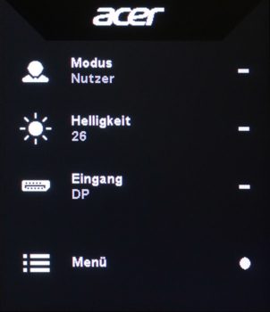 Startmenü-OSD, wenn eines der Bedienelemente gedrückt wird
