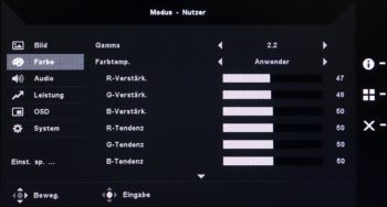 OSD Farbe: Menü-Teil 1 für die Farbanpassungen