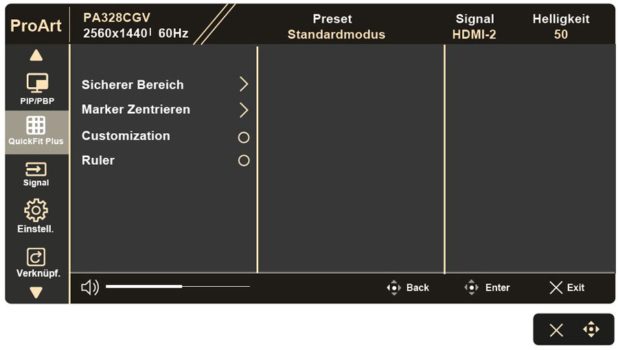 OSD: Kategorie „QuickFit Plus“ mit ihren Einstellungen