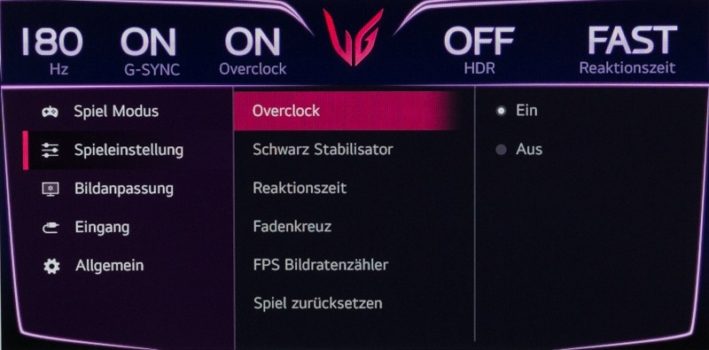 Overclock auf 180 Hz per OSD-Einstellung