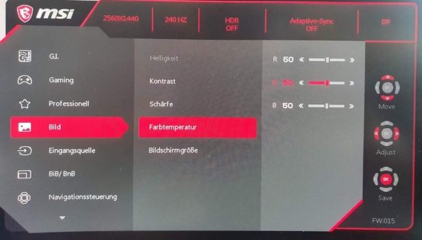 OSD: Einstellung der Farbtemperatur