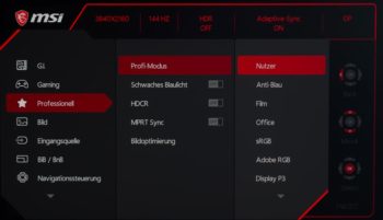 OSD-Einstellungsebene „Professionell“ -> "Profi-Modus"