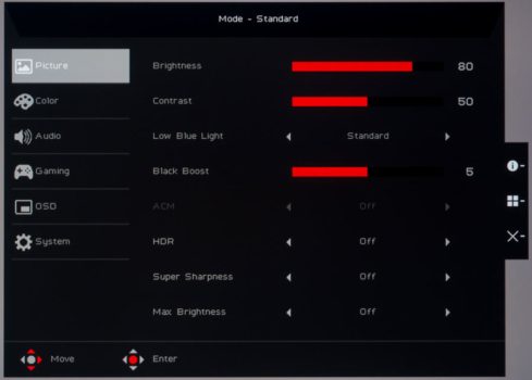 OSD: Hauptmenü des Acer Predator X32FP