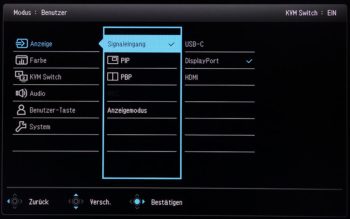 OSD Anzeige: Einstellungen wie Signalquelle, Skalierung und PiP/PbP stehen hier zur Verfügung
