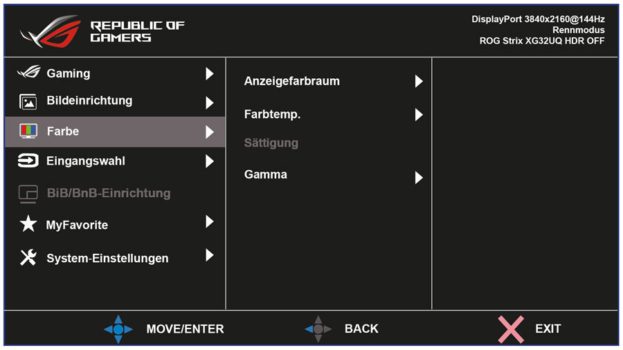 OSD: Einstellungsebene „Farbe“ beinhaltet erweiterte Farbräume (aus dem ASUS-Handbuch)