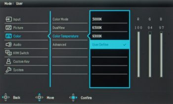 Menü (OSD): Color ("Color Temperature")