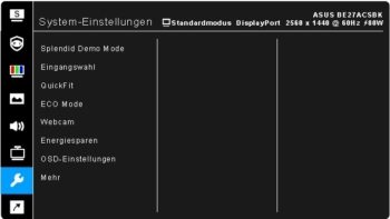 OSD: Systemeinstellungen (Quelle: ASUS-Handbuch)