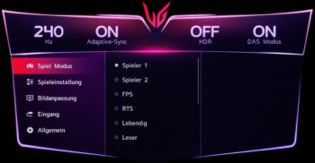 OSD Spielmodus: Neun Bild- und zwei Hardware-Kalibrierungs-Modi stehen zur Auswahl