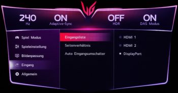 OSD Eingang: Auswahl der Signalquelle und des Seitenverhältnisses