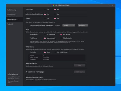 Einstelloptionen von LG Calibration Studio