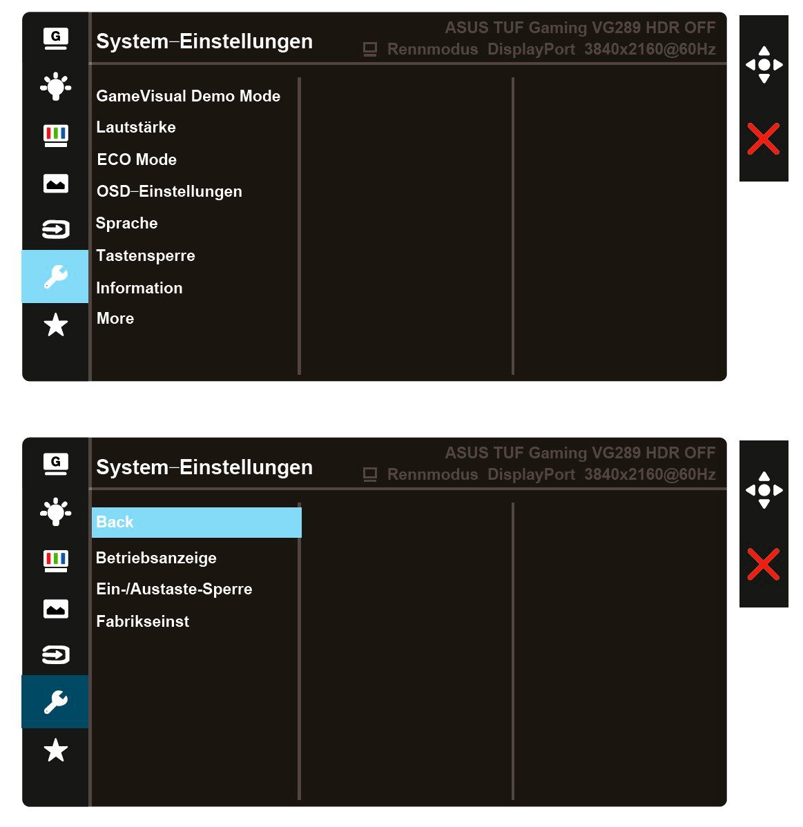 OSD: System-Einstellungen (Screenshot: ASUS-Handbuch)