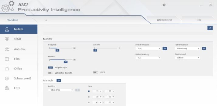Startseite Screenmanager "Productivity Intelligence"