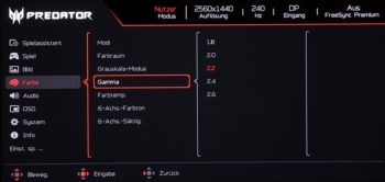 Fünf verschiedene Gamma-Optionen sind wählbar