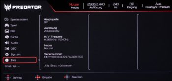 Info: Anzeige diverser Einstellungen und Zurücksetzung in den Werkszustand