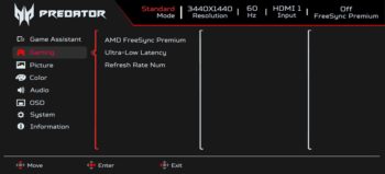 OSD: Unter „Gaming“ sind weitere spielrelevante Einstellungen vorhanden