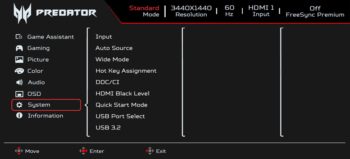 OSD: Die Systemeinstellungsebene des Acer Predator X45 …