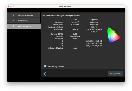ColorNavigator: Kalibrierergebnis für mein Ziel „Generell“ mit hohem Kontrastverhältnis