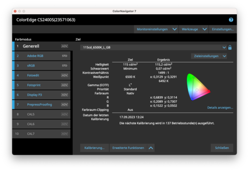 ColorNavigator Startfenster mit meiner Kalibrierliste
