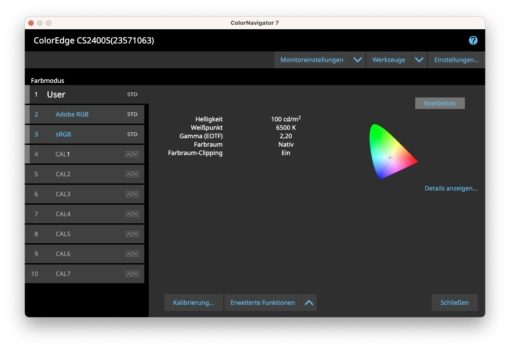 ColorNavigator: Startfenster im Werkszustand