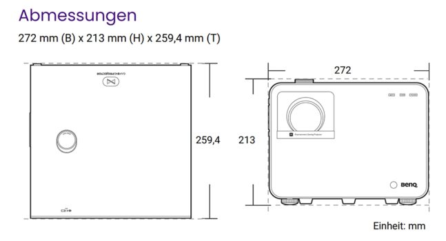 Abmessungen des BenQ X3000i (Screenshot: BenQ-Handbuch)