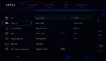 OSD: Unter „Gaming“ werden weitere spielrelevante Einstellungen geboten