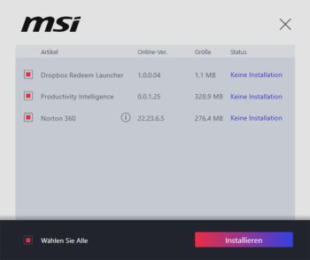 MSI möchte Norton 360 gleich mitinstallieren, die Software ist bereits vorausgewählt