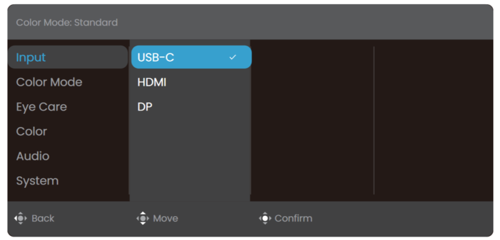 OSD-Menü – der BenQ GW2790 besitzt aber kein USB-C (Bild: BenQ-Handbuch)