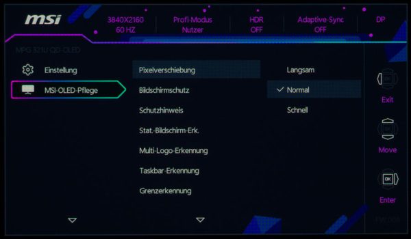 OSD: Erweiterte OLED-Pflegeeinstellungen des MSI MPG 321URXDE