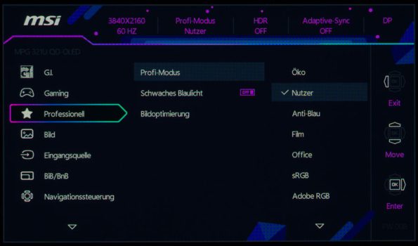 OSD: Kategorie „Professionell“ beinhaltet erweiterte Farbraum-Emulationen