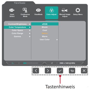 Tastenhinweise werden am unteren Bildrand eingeblendet (Bild: ViewSonic-Handbuch)