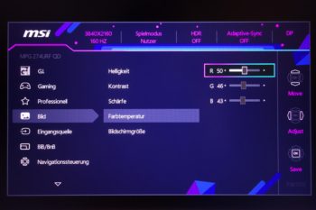 OSD: Farbtemperatur „Anpassung“ gibt die RGB-Regler frei
