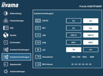 OSD: Erweiterte Einstellungen 2 (Bild: iiyama-Handbuch)