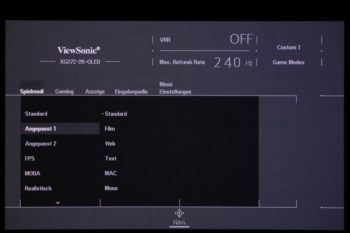 OSD Spielmodi: Vordefinierte Bildmodi oder individuell unter "Angepasst 1" und "2"