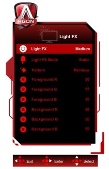 OSD: Einstellmöglichkeiten der rückseitigen LEDs (Quelle: AOC-Handbuch)