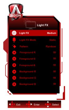 OSD: Einstellmöglichkeiten der rückseitigen LEDs (Quelle: AOC-Handbuch)