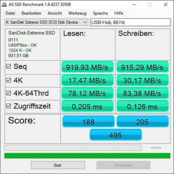 Performance via USB-C-Port am USB-Hub des Monitors bei 60 Hz