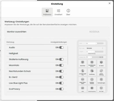 Display Pilot 2: Konfiguration der angezeigten Widgets (Screenshot der Software)