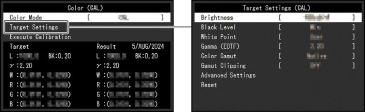 OSD: Bildeinstellungen bei Kalibrierungsmodi (Bild: EIZO-Handbuch)