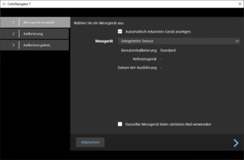 ColorNavigator: Messgeräte-Auswahl – integrierter Sensor (Screenshot der Anwendung)