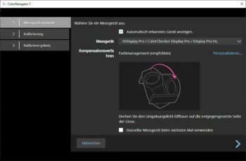 ColorNavigator: Messgeräte-Auswahl – i1Display Pro, Sensor von X-Rite (Screenshot der Anwendung)